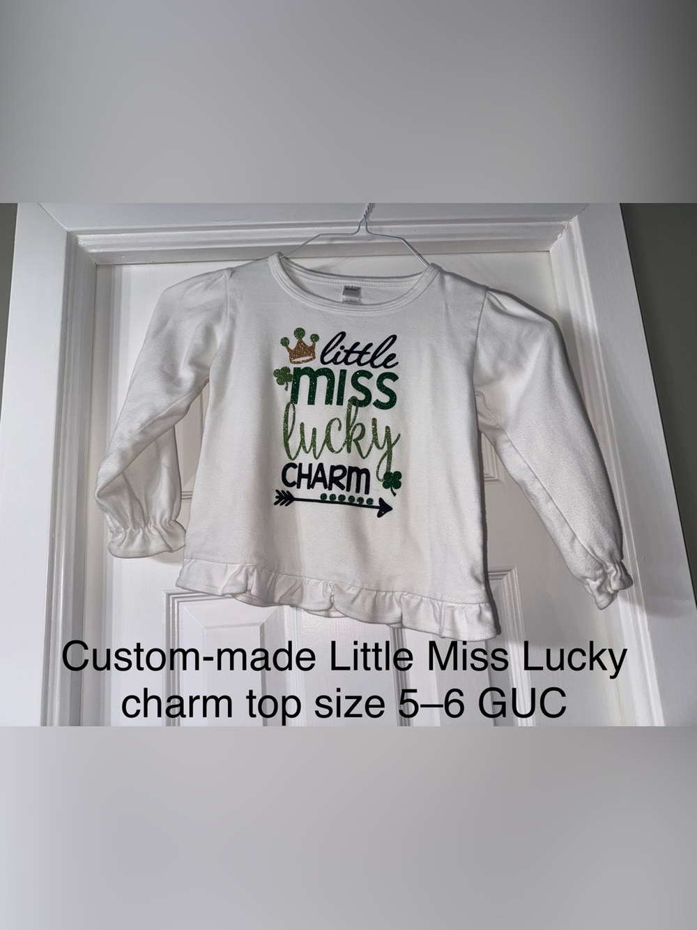 Girls' White 'Little Miss Lucky' Long Sleeve Tee with Green Glitter custom made